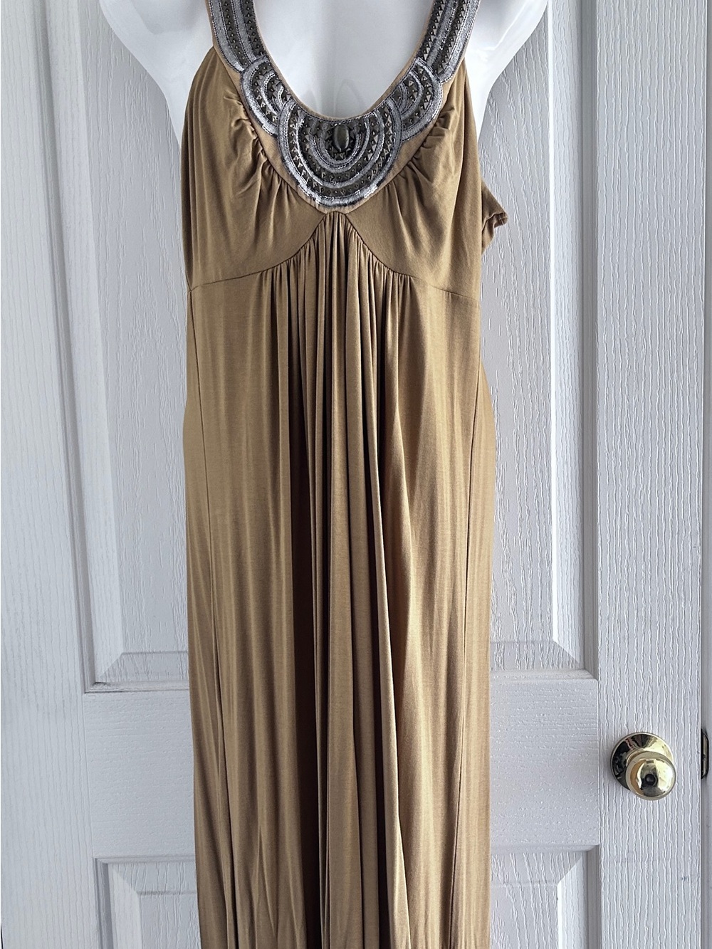 New York & Company Bronze Maxi Dress with Beaded Silver Neckline
